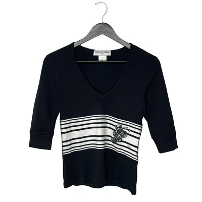 Vintage Sonia Rykiel Striped 3/4 Sleeve Cotton Top Blouse T Shirt Size M Black - Image 1 of 4