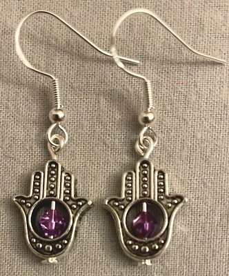 PENDIENTES HAMSA HAND con PENDIENTES DE CRISTAL MORADO - Estaño con cables para orejas SS (o GP) PROTECCIÓN Foto 1 de 4