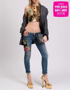 RRP€785 PHILIPP PLEIN Jeans W26 Blue Low Waist Stretch Rhinestones Faded Patched - Picture 1 of 8
