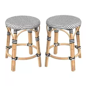 Home Square 18" Rattan Round Dining Stool in White and Black - Set of 2 - Picture 1 of 2