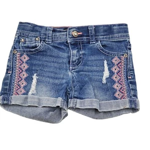 Jordache Girl 6 Denim Blue Shorts Cuffed Distressed Pink Embroidered - Picture 1 of 9