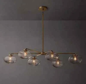 1950's Mid Century Modern Brass Chandelier 6 Lights Round Chandelier Pendant - Picture 1 of 5