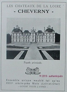 REKLAME CHATEAU DE CHEVERNY DE LA LOIRE HAUPTFASSADE VON 1958 FRANZÖSISCHE ANZEIGE - Bild 1 von 1