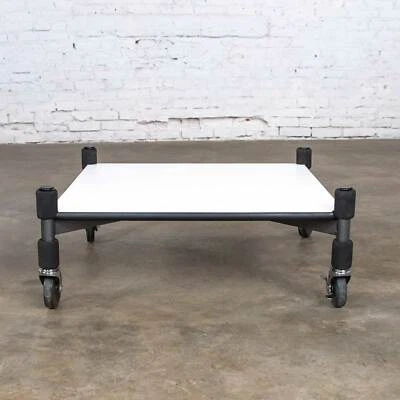 Post-Modern White Laminate & Metal Low Coffee Table or End Table on Casters - Image 1 of 4