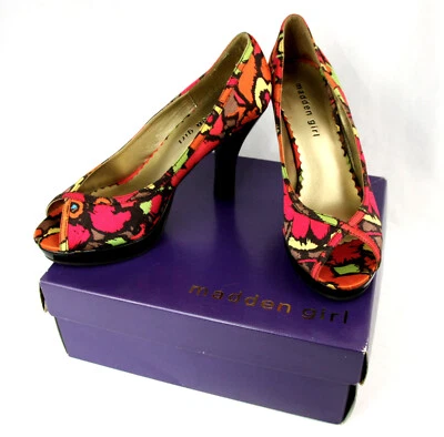 Zapatos de salón Madden Girl Lorainee coloridos satinados punta abierta plataforma 7 con caja años 70 Foto 1 de 4