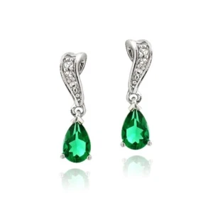 925 Silver Lab Created Green Quartz & White Topaz Swirl Teardrop Earrings - Picture 1 of 5
