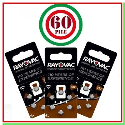 60 Batterie Per Apparecchi Acustici RAYOVAC 312 Pile Protesi Impianto Uditivo • 15.90€