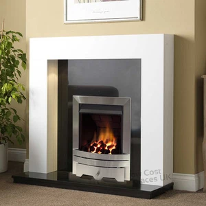 GAS WHITE SURROUND BLACK GRANITE MARBLE SILVER FIRE FIREPLACE SUITE LARGE 54" - Picture 1 of 3