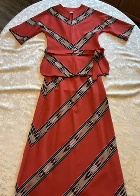 复古 70 年代套装裙 + 上衣长袖 2 件套匹配带带橙色阿兹特克 8 码 — 第 1/4 张图片