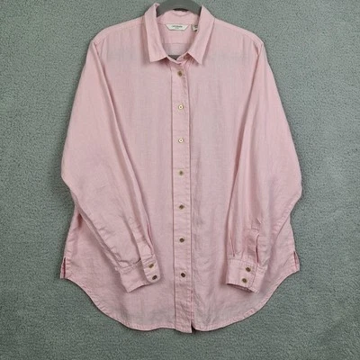 Liz Claiborne 衬衫女式 XL 粉红色 100% 亚麻纽扣长袖上衣 — 第 1/4 张图片