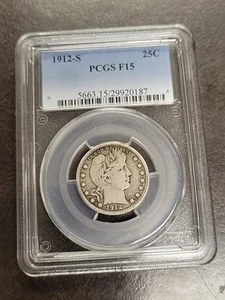 1912-S Barber Quarter PCGS F15 F 15 Fine - Picture 1 of 4