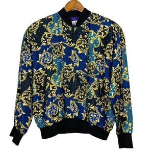 Vintage 80s SLB 100% Silk Bomber Jacket Full Zip Jacquard Checker Long Slv - L - Bild 1 von 6