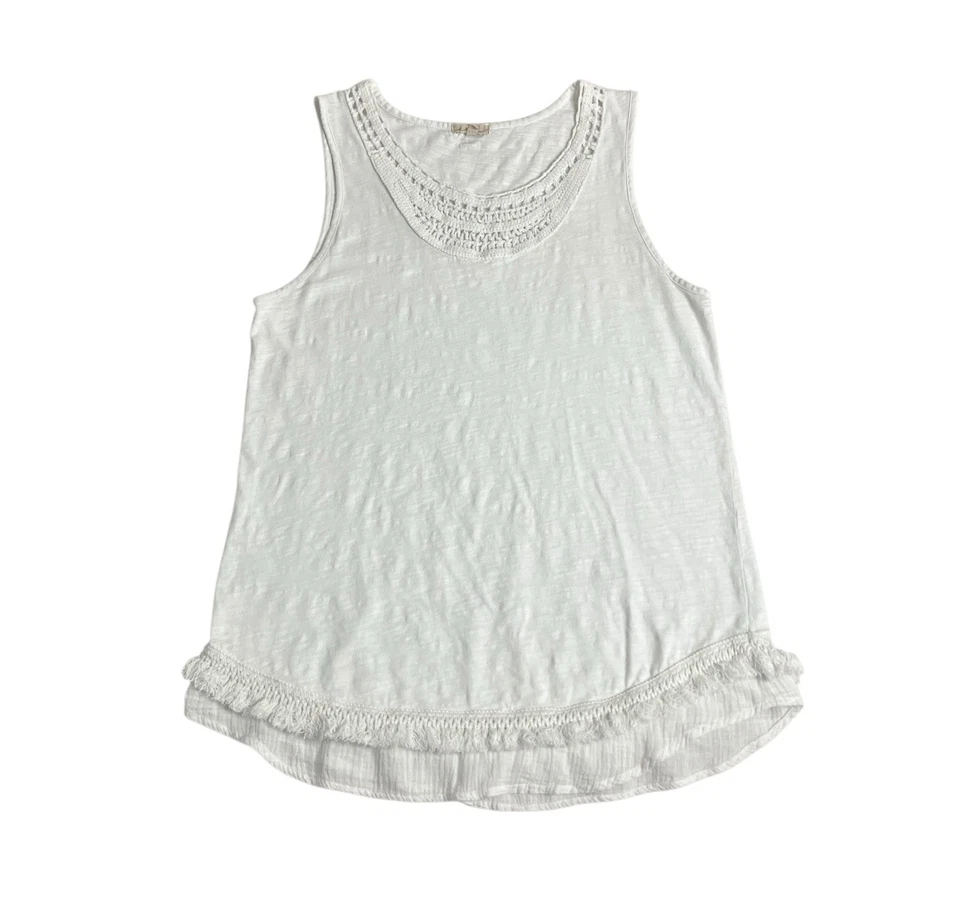 Mod-O-Doc Top Women M White Crochet Slub Sleeveless Tank Fringe Hem Coastal Boho - Image 1 of 4