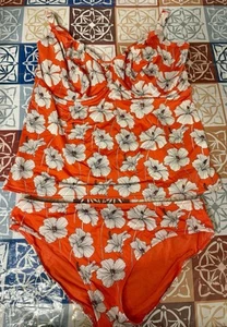Freya Swim Set- 36L/36HH Coral and White Floral Tankini and Matching XL Bottoms - Picture 1 of 9