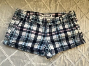 Aeropostale Größe 7/8 blau & pink kariert niedriger Bund Mini Shorty Shorts adrette Y2K - Bild 1 von 9