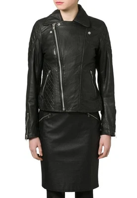 Womens Black Quilted Lambskin Leather Motorcycle Jacket Classic Black Biker Coat - Image 1 of 4