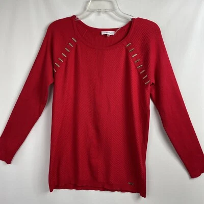 Suéter feminino Calvin Klein pulôver com nervuras vermelho médio enfeites tom dourado - Imagem 1 de 4