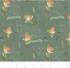 Peter Pan & Tinkerbell Neverland Adventures Green Cotton Fabric by the Yard - Picture 1 of 1