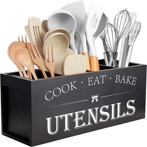 Suli Extra Large Kitchen Utensils Holder with 4 Compartments, Wooden Utensil for - Picture 1 of 1