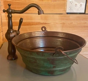 15" Round Copper BUCKET Vessel Bath Sink with Green Patina Exterior & LT Drain - Picture 1 of 4