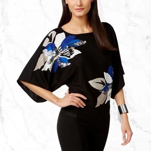 INC Women's Size M Fine-Knit Floral Sweater, Batwing Half-Sleeve Pullover Top - Picture 1 of 3