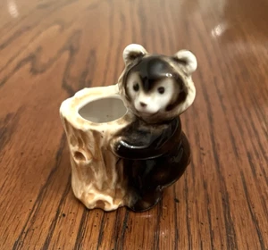 VGT  Bone China Bear & tree stump Toothpick Holder 2 1/4 in. tall - Picture 1 of 6