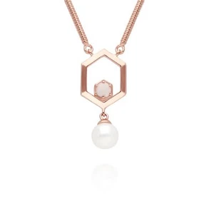 Moderno Perla & Ópalo Hexágono Colgante Collar En Oro Rosa Bañado Plata de Ley - Imagen 1 de 1