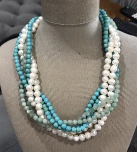 Sterling Silver 925 Pearl Turquoise Multi Strand Statement Necklace 197.74 g* - Picture 1 of 12