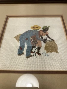 Vintage 1978 Embroidered Framed Folk Art black couple picking cotton - Picture 1 of 7