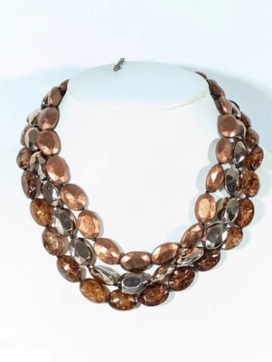 Boho Bronze Tone Brown Bead Triple Strand Layer Statement Necklace 19" - Image 1 of 4