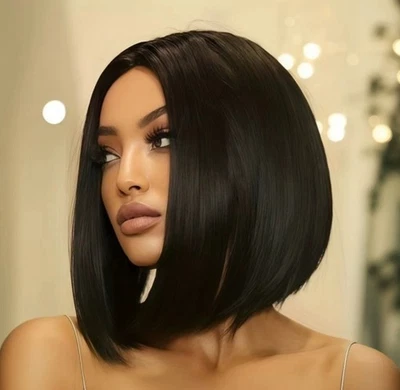 Lace Free Headband, African Black Short Bob Hair, Medium Split Fluffy Wig - Image 1 of 3