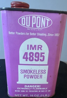 Lata en polvo sin humo Dupont IMR 4895 de colección años 60 - lata de metal I lb - etiqueta rosa Foto 1 de 4
