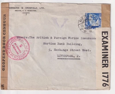 WW2 MEDAN Sumatra Triple Censored Cover to Liverpool 1941 V (Victory) CENSUUR — 第 1/3 张图片