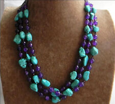 3 Rows Nugget Turquoise & Faceted Purple Amethyst & Crystal Gems Beads Necklace