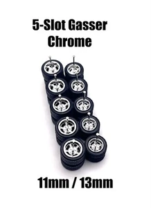 5x 1/64 Scale Chrome 5 Slot 11/13mm Wheels w/ Rubber Tire for Hot Wlz 55 Gassers - Picture 1 of 1