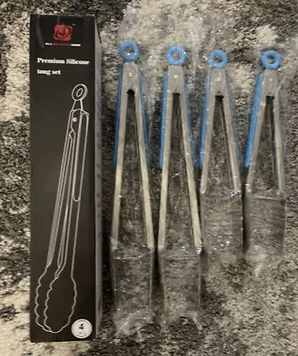 Cook Barbecue Baking Tongs Silicone Handle Cooking for Kitchen 4pcs Black - Image 1 of 4