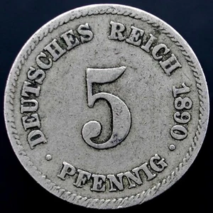 1890-E Germany Empire 5 Pfennig Coin, km11, Mintage 1,318,000 - Rare Coin - Picture 1 of 2