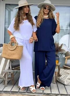 Tuta donna completo maglia girocollo e pantalone a palazzo in cotone di viscosa - Immagine 1 di 4