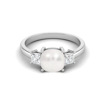 7 MM Cushion Shape Natural Pearl Gemstone 14k White Gold Women Engagement Ring - Image 1 of 4