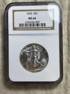 1943 50c Walking Liberty Half Dollar - NGC MS 64 Flashy White Coin - Picture 1 of 8