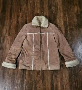 Vintage Maxima Suede Leather Jacket Womens Large Beige Tan Faux Fur Y2K Wilsons - Picture 1 of 7
