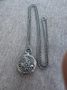 Vintage pocket watch look locket floral silver toned pendant 30” necklace Estate - Picture 1 of 5