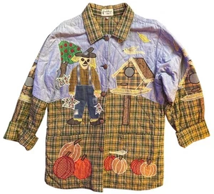 Patch Magic Button Up Shirt Medium Quilted Scarecrow Pumpkin Fall Vintage 90s - Picture 1 of 5