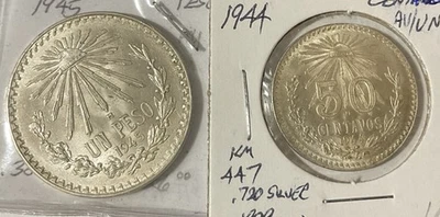 1945 MÉXICO 1 PESO KM# 455 UN PESO y 1944 50 centavos KM 447 ambas monedas AU 2 Foto 1 de 2