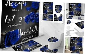 4 Pcs Rose Shower Curtain Sets with Non-Slip Rug, Toilet Lid Cover and Blue - Picture 1 of 8