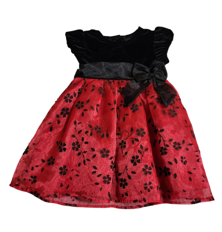 Редкие издания праздник вечеринки платье ребенка ясельного возраста 24 М красный цветочный черный бархат бант - Изображение 1 из 4