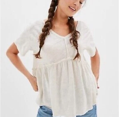 American Eagle Pequeña S Crema Babydoll Volantes Dobladillo Cuello en V Camisa Boho De Gran Tamaño Foto 1 de 4