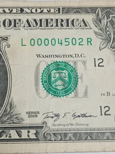 2009 $1 L SAN FRANCISCO BEP L-R BLOCK LOW SERIAL NUMBER 4 ZEROS (L00004502R) - Picture 1 of 8