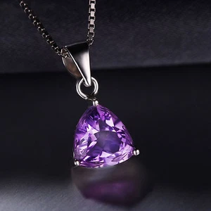 1ct Natural Deep Purple Trillion Amethyst Necklace Pendant 925 Silver special - Picture 1 of 6