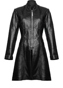 Women Black Real Leather Trench Duster Long Coat Goth Metrix Style Overcoat - Picture 1 of 3